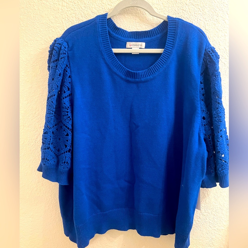 NWT Vivid royal blue short sleeve sweater with crochet sleeves